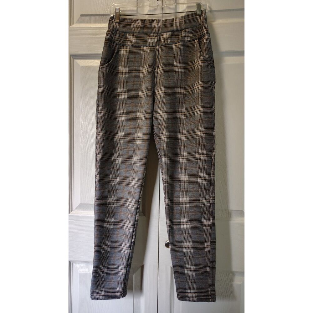 Plaid Pull-On High-Rise Tapered Smart Ankle Trousers Grey Brown Large